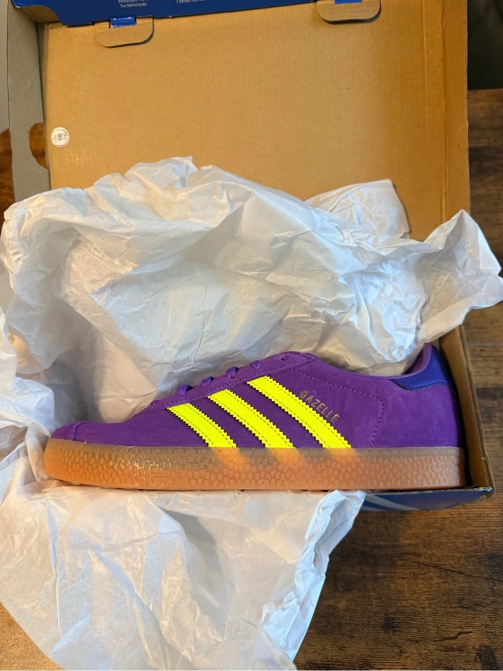 Adidas Gazelle Kids Suede Sneaker - Purple with Neon Green Stripes 5Y/6W